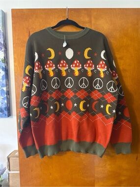 EARTHBOUND Olive, Rust & Cream Mushroom Motif Crewneck Sweater